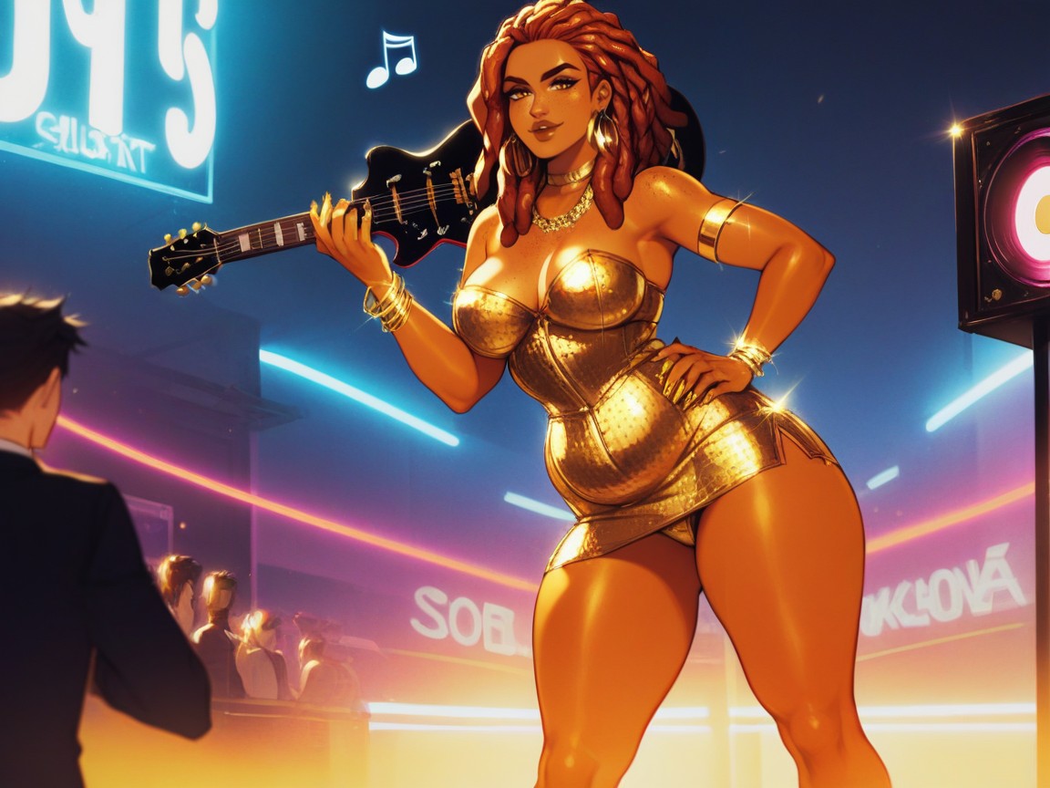 Ginger, Sharp Edges And Lines, Wearing Gold Silk Rock Band Clothes Hentai AI Porn