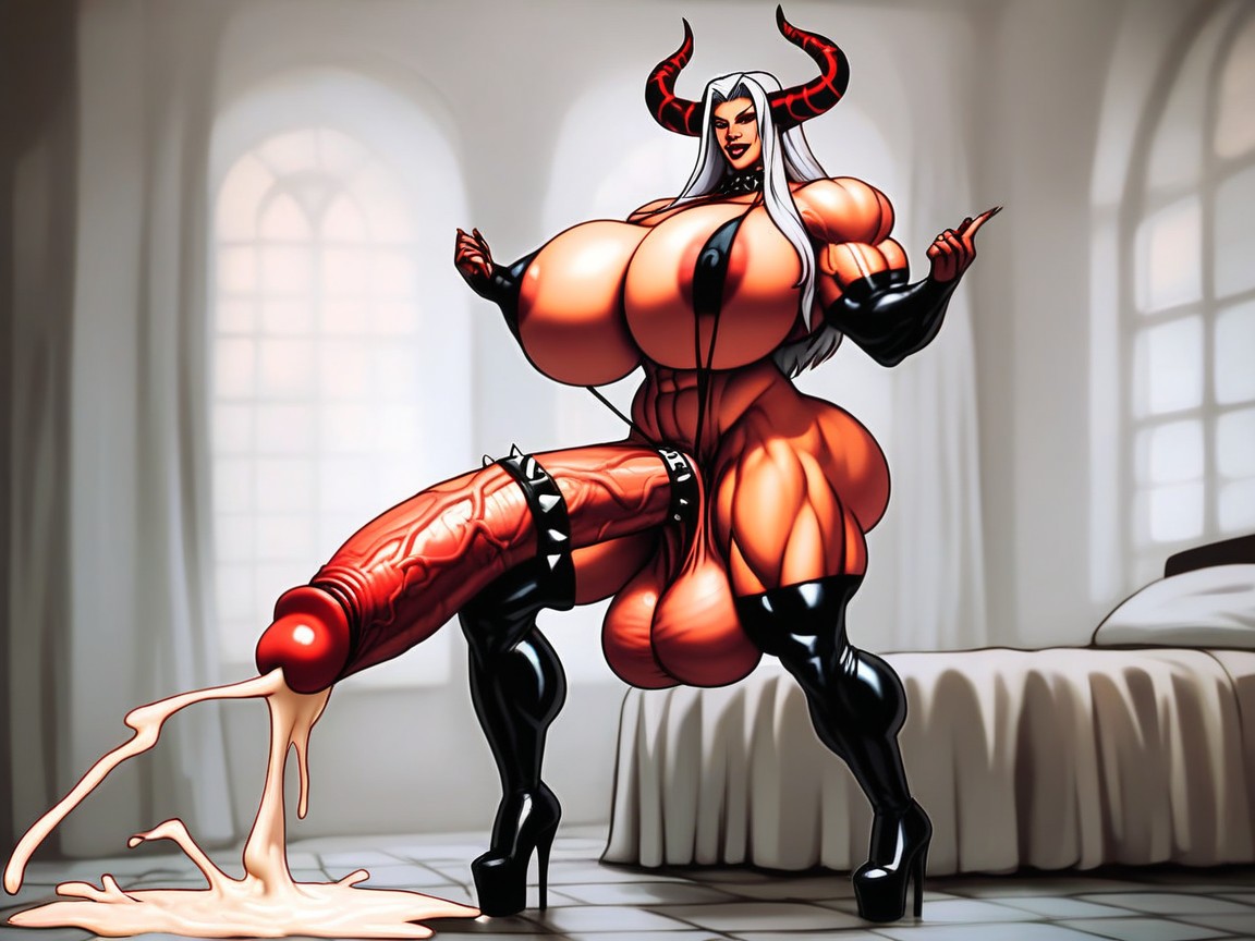 Futanari, Grasping Massive Long Oversized Hyper Cock Breast, Platform High Heel Boots Porno IA transsexuelle