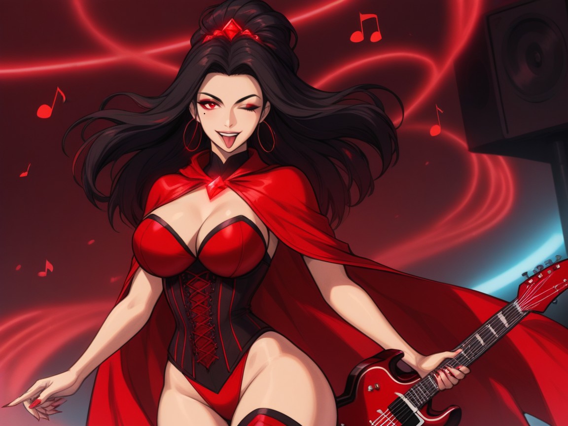 Red Gemstone Studded Corset, Tight Hips, Red Smoke Haze In Background Latina AI Porn