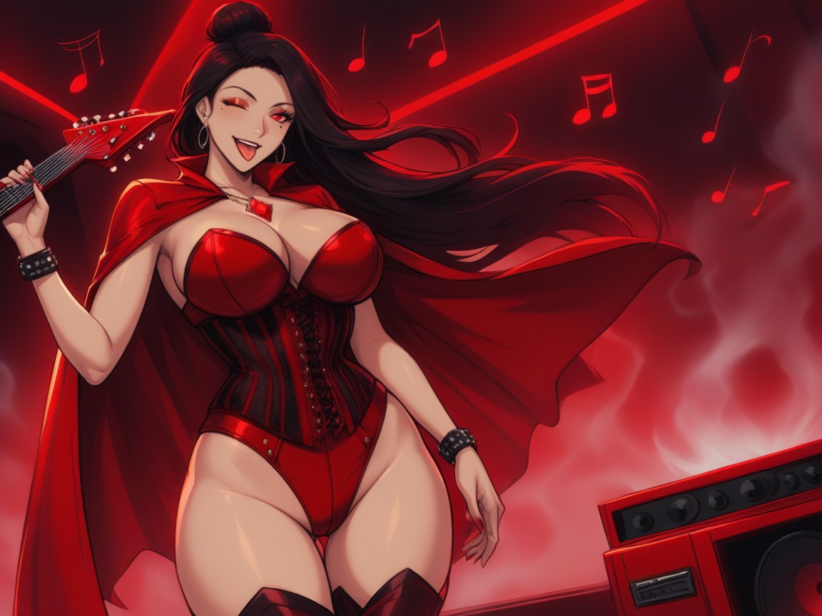 Upturned Breasts, Clin D'œil, Neon Red Stage Background Porno IA Latina
