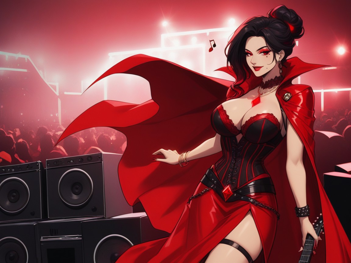Sharp Edges And Lines, Woman Strumming Red Crystal Guitar, Regal Lead Guitarist Latina AI Porn