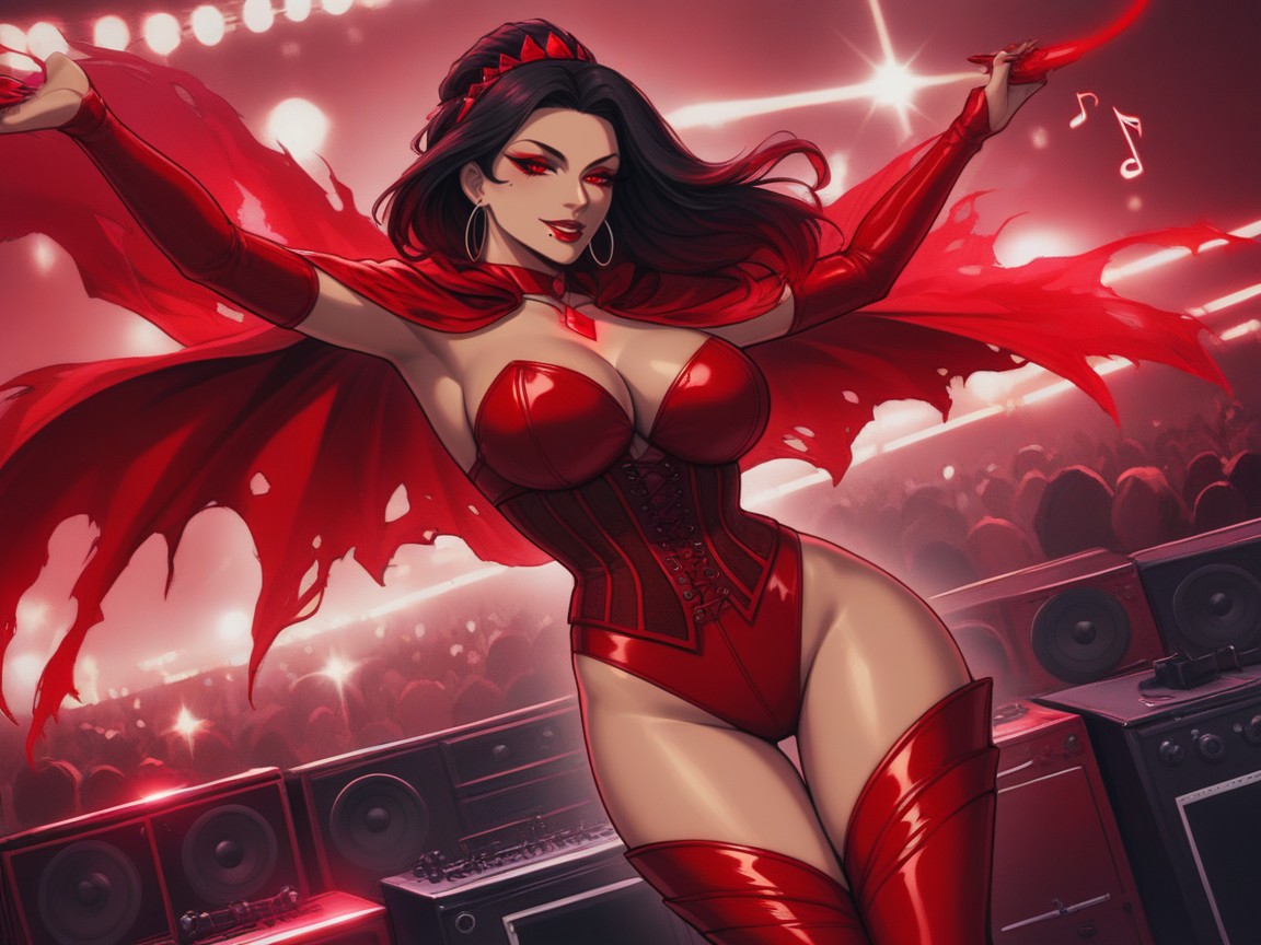 1 Person, Pale Tan Skin With Light Makeup, Upturned Eyes With Red Sharp Eyeliner And Wing Tips Latina AI Porn