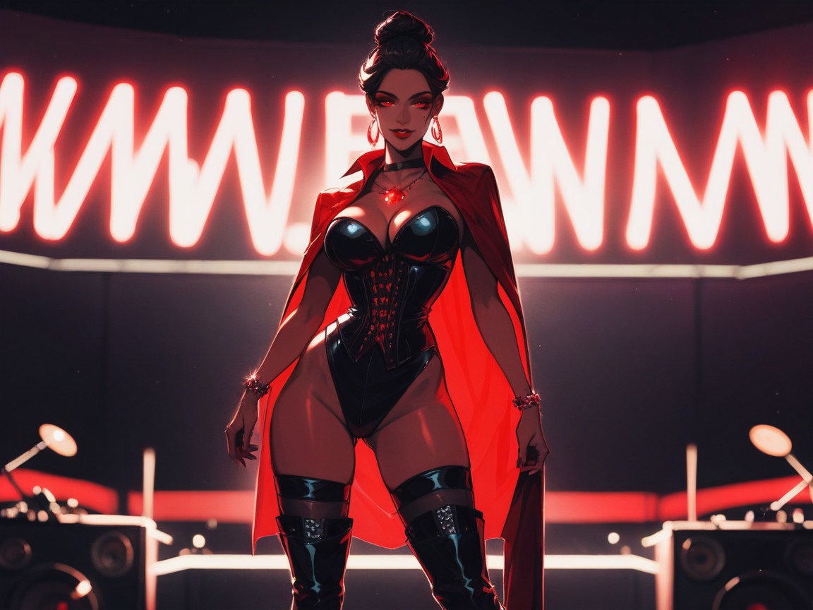 Upturned Eyes With Red Sharp Eyeliner And Wing Tips, Red Floodlight Beams Cutting Through Haze, Cleavage Hentai AI Porn