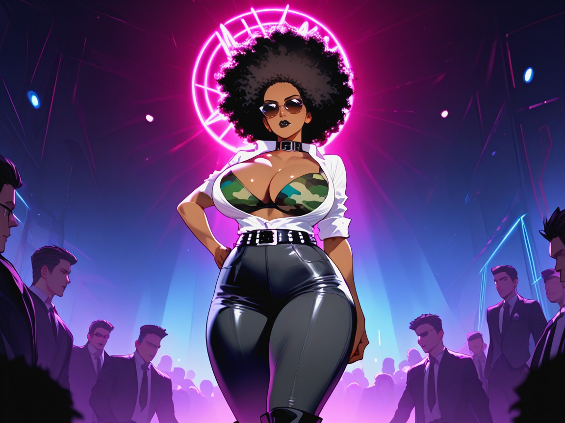 Black Afro, Massive Breast, Neon Black Music Notes In Background AI Porn