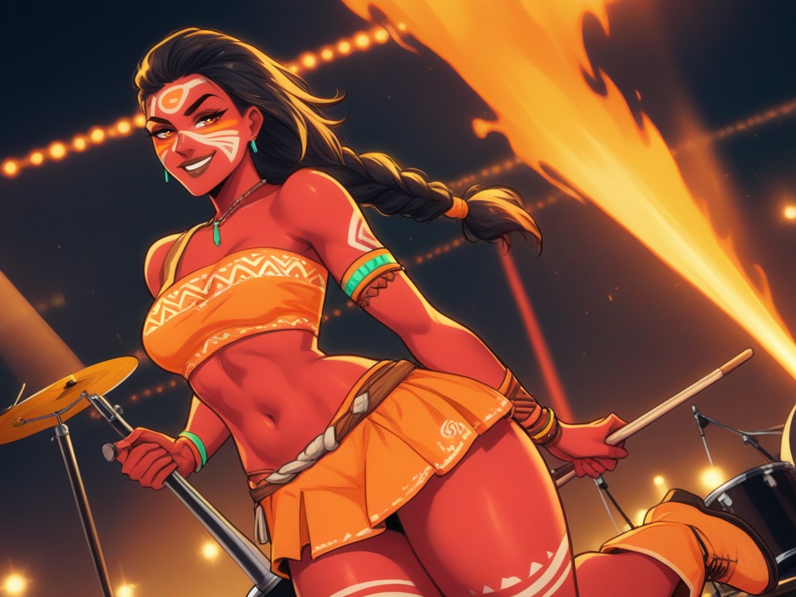 Wearing Orange Tribal Rock Band Clothes, 꼰, Orange Wrap Skirt 라틴 AI 야짤