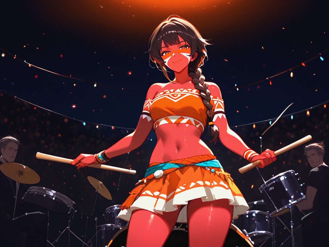 Wearing Orange Tribal Rock Band Clothes, Low Torso Height, Ponytail AI Porn