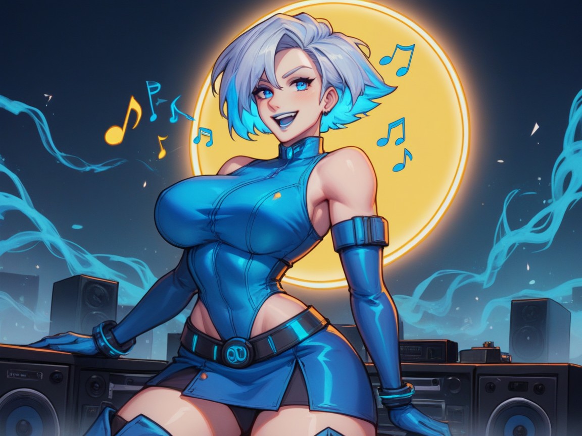 High Contrast Colors, Neon Blue Music Notes In Background, Pixie Cut Latina AI Porn