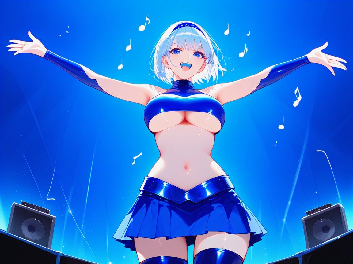 18+, Blue Floodlight Beams Cutting Through Haze, Smiling Mouth Open AI Porn