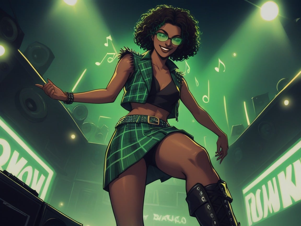 Neon Green Music Notes In Background, Concert Setting, Dark Ebony Skin Latina AI Porn