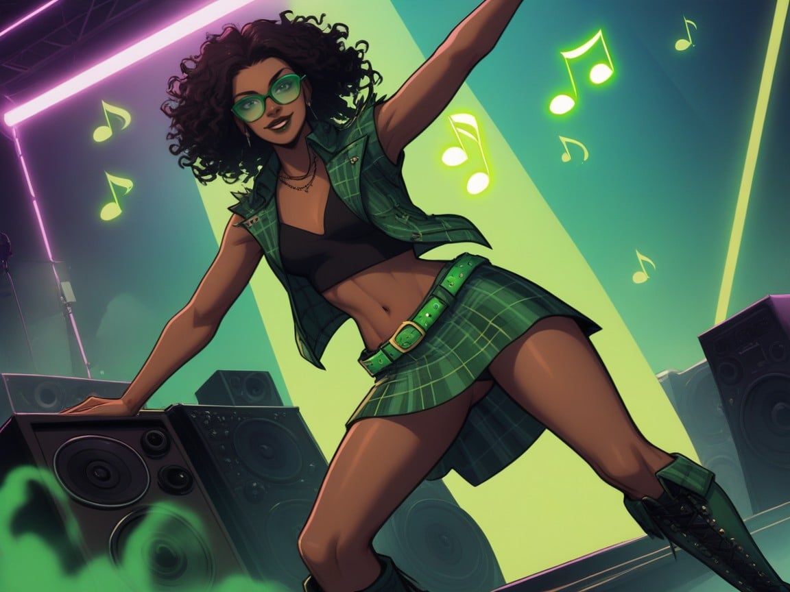 Wearing Green Plaid Rock Band Clothes, Asymmetrical Breast Size, Dj Latina AI Porn