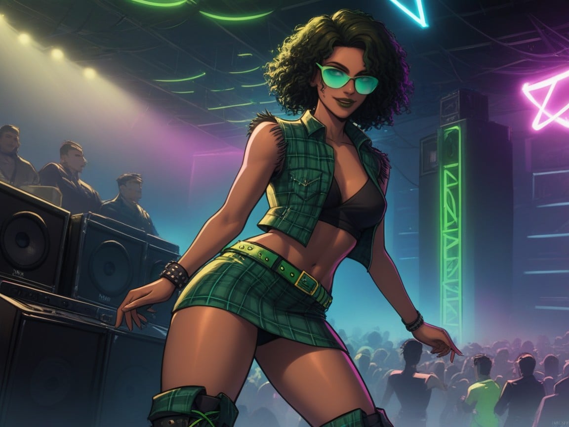 Very Short Hair, Giddy Face, Woman Dancing By Speaker Boxes Latina AI Porn