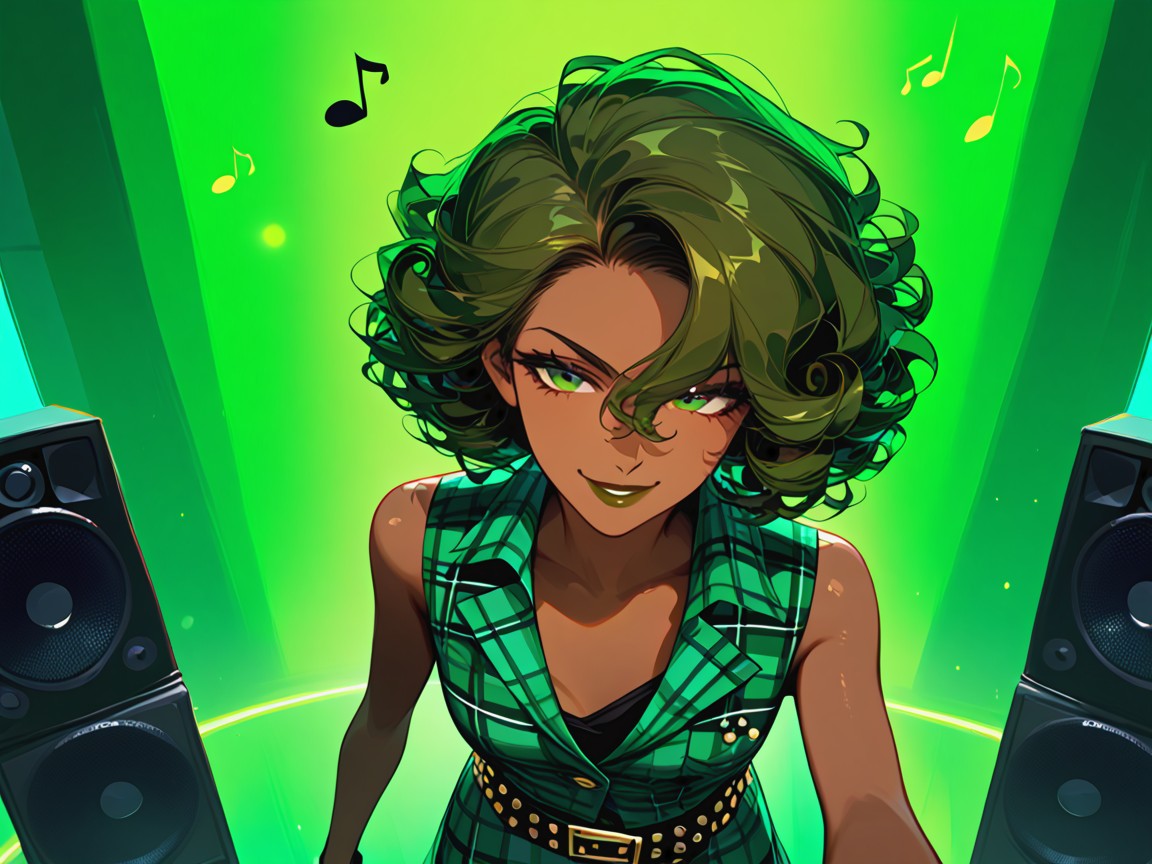 Knee High Boots, Green Plaid Vest, Indoors AI Porn