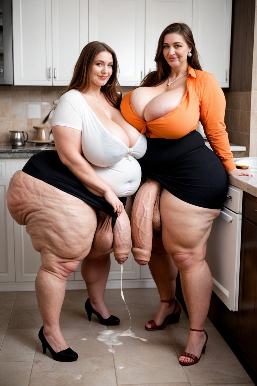 Straight, Standing In Kitchen Beside Kitchen Table, Extreme Cleavage AI Porn
