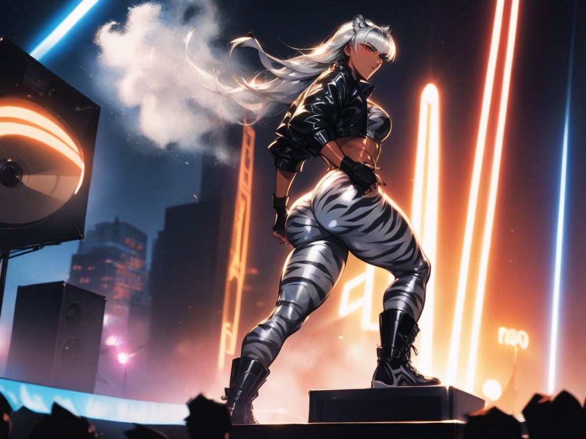 Wearing Silver Tiger Print Rock Band Clothes, Speaker Boxes, Concert Setting Hentai AI Porn