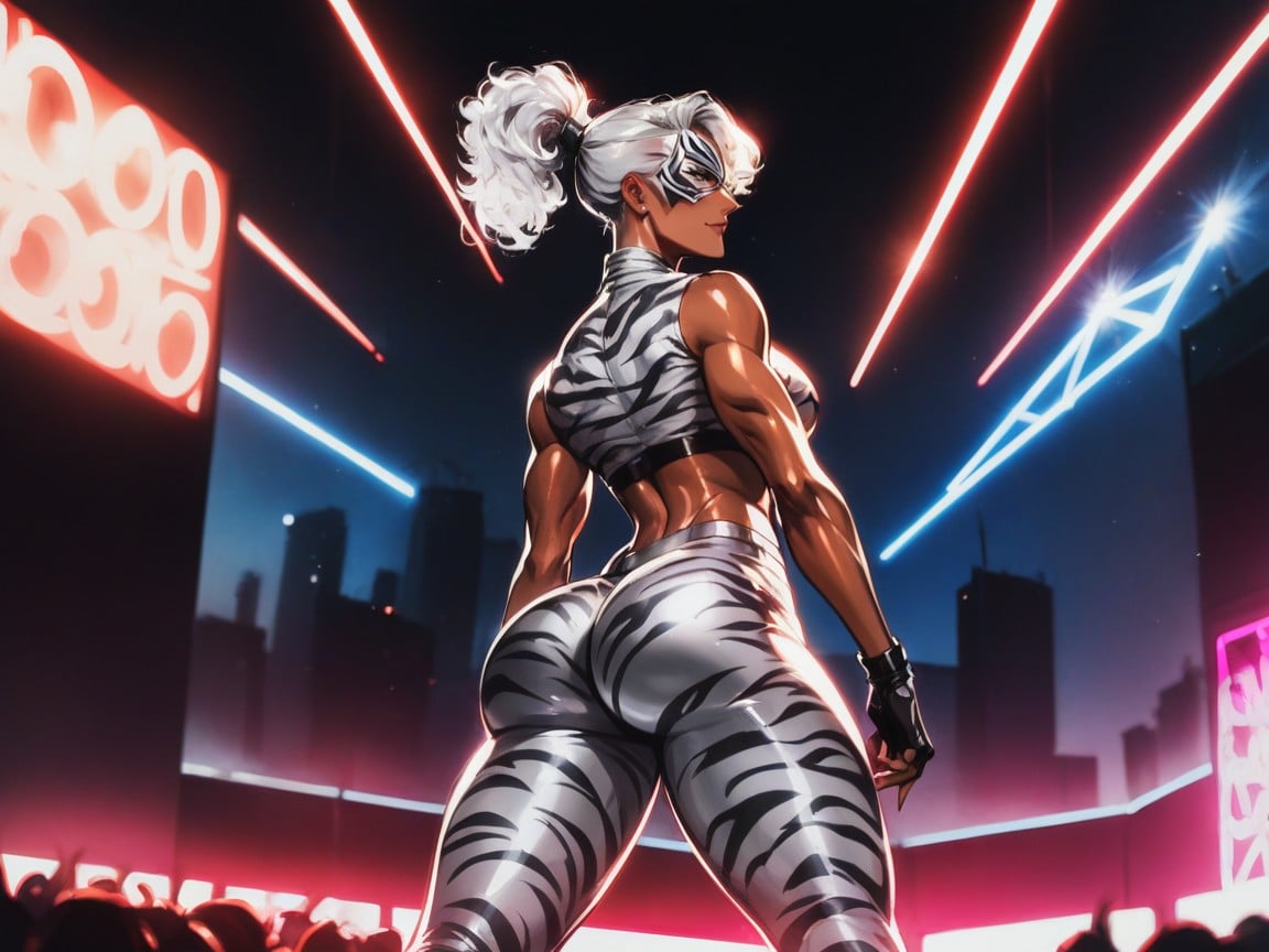 Drum Kit On Stage, Neon, Wearing Silver Tiger Print Rock Band Clothes Hentai AI Porn
