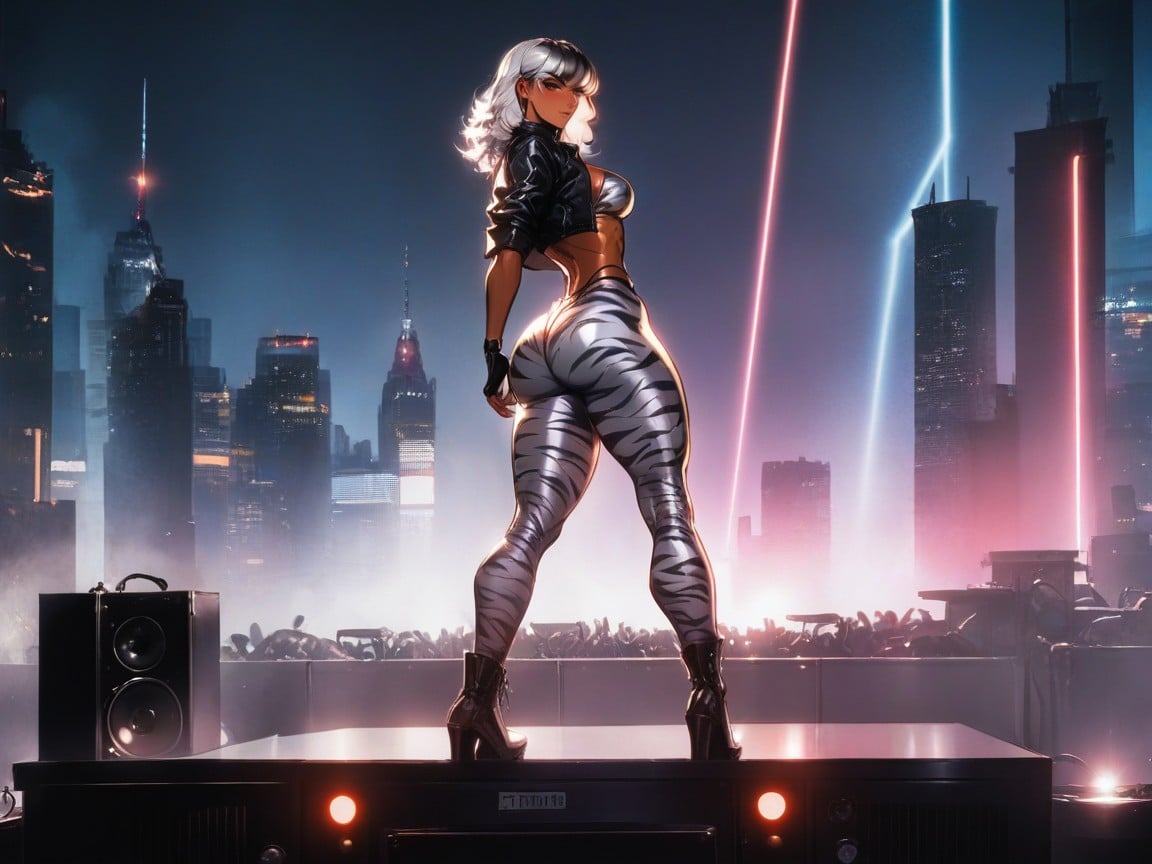Silver Tiger Print Tight Pants, Bobcut, White Hair Hentai AI Porn