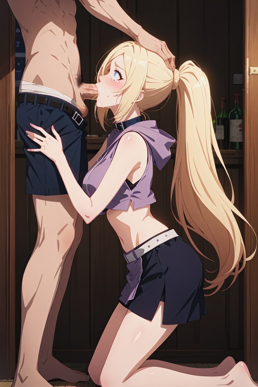 Side Swept Bangs Framing Her Face, Wearing A Cropped Sleeveless Purple Hooded Top With A Tall Collar, Hand On Head Hentai AI Porn