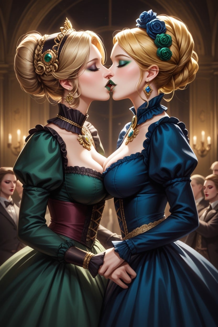 Hair Tied With Ornaments, Crimson Lips, Lesbian Kissing Hentai AI Porn