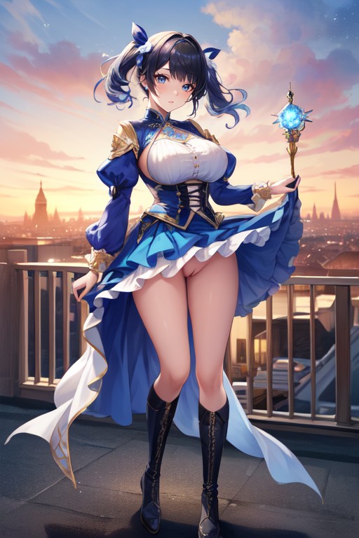 Blue Hair Ribbons, Blue Layered Lace Up Corset With Blue Ribbons, Pale Skin Hentai AI Porn