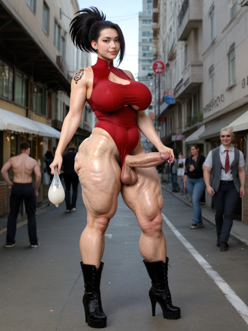 Shiny Skin, Two Gold Utility Belts Around Her Waist And Chest, 1 Personne Porno IA transsexuelle