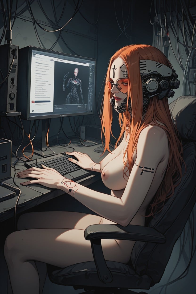 Visible Half Cyborg, Degraded, Ginger Hair Hentai AI Porn
