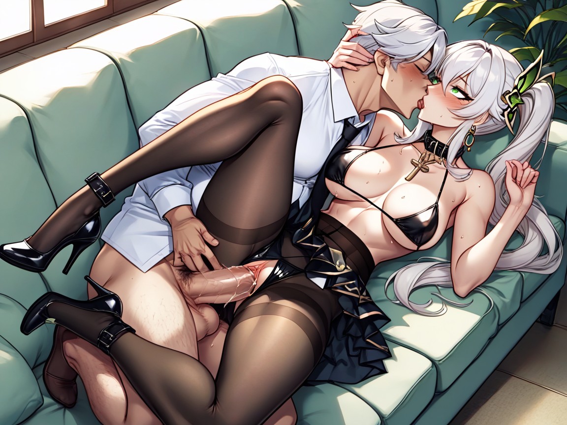 Leg Visible, Transparent Outfit, White Hair Hentai AI Porn