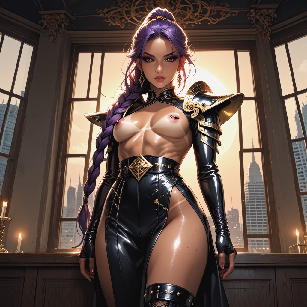 Luxurious Metallic Black Ankle Boots, Long Sleeves With Fingerless Gloves, Detailed Face Hentai AI Porn