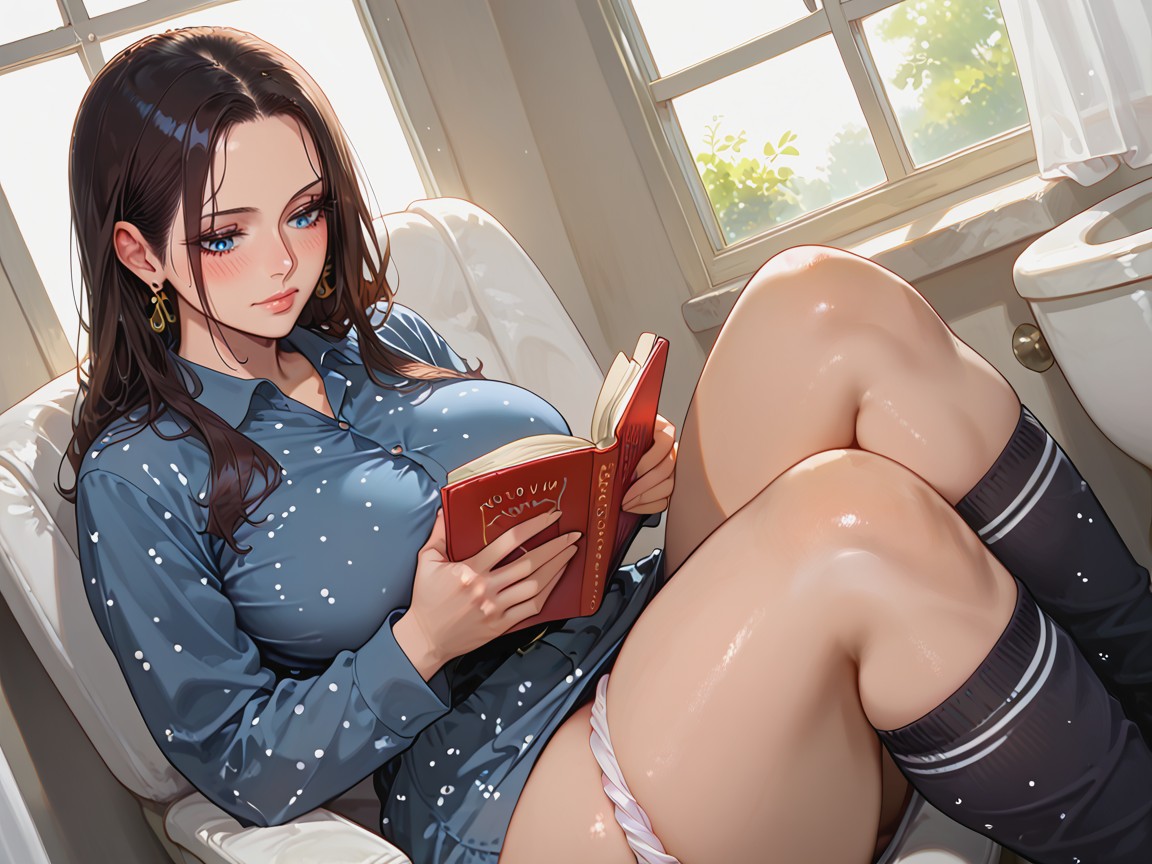 Blue Dotted Pajamas Shirt, Big Blue Eyes, Embarrassed AI Porn