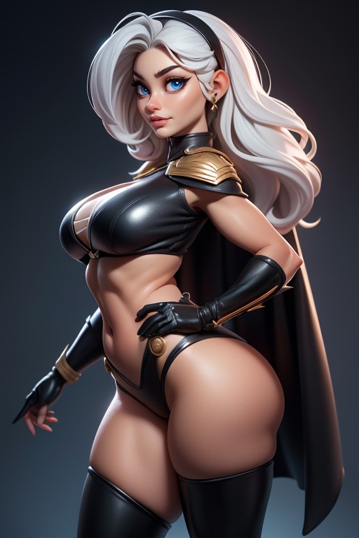 Thick Thighs, Long Flowing White Hair, Black Cape Covering Shoulders Hentai AI Porn