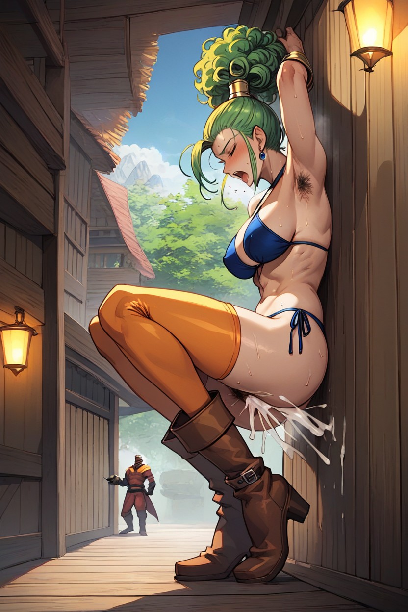 Both Have Emerald Green Hair, Nudity, The Male Hero Is Wearing Brown Boots AI Porn