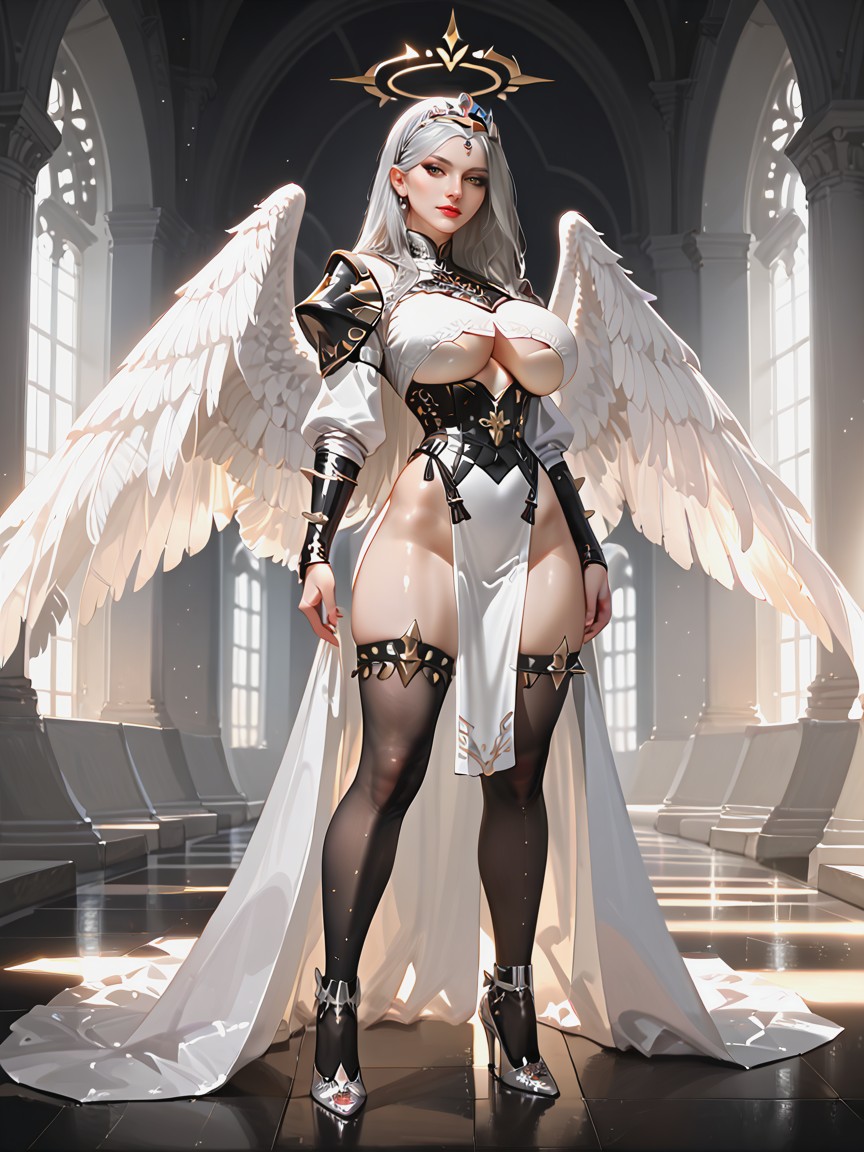 Large Black And White Wings, Luminous And Ethereal, Full Body Hentai AI Porn