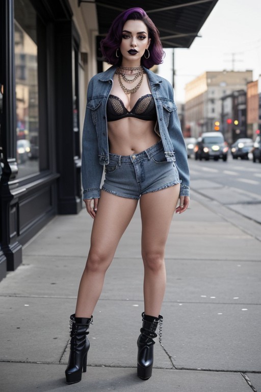 Rim Lit Flyaways Tight Cropped Denim Jacket Open, Extended Lashes, Sharply Contoured Cheeks AI Porn