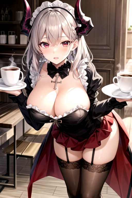 White Shining Skin, Lace Trimmed Bow, Horns Hentai AI Porn