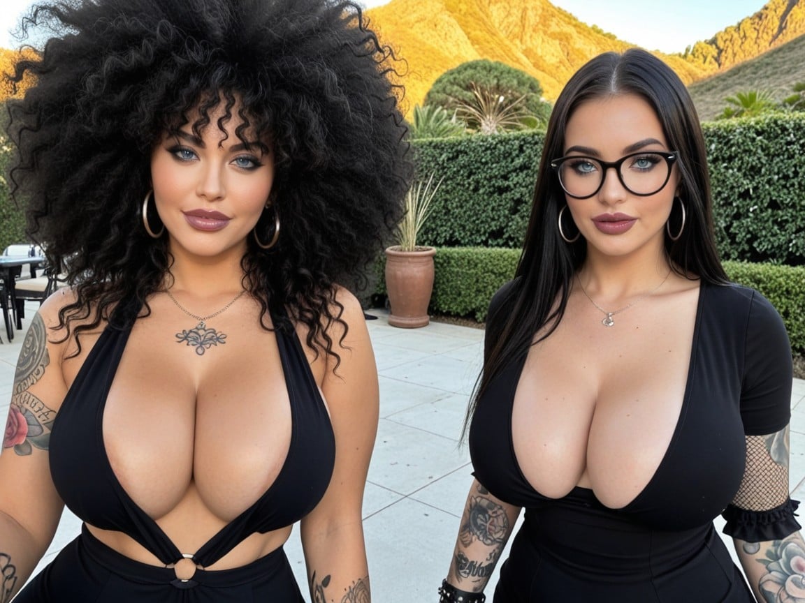 Very Long Black Hair With Blunt Bangs, Full Tattoo Sleeve On Both Arms From Shoulder To Wrist, Piel Pálida Porno IA
