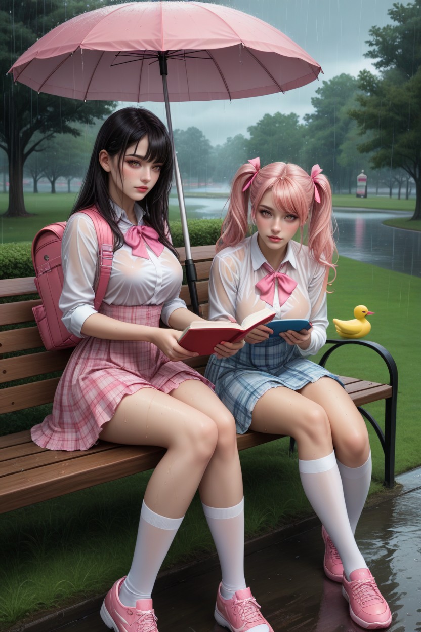 Dustbin Next To The Bench, Wavy Light Black Hair, Rain Visible In The Pond AI Porn
