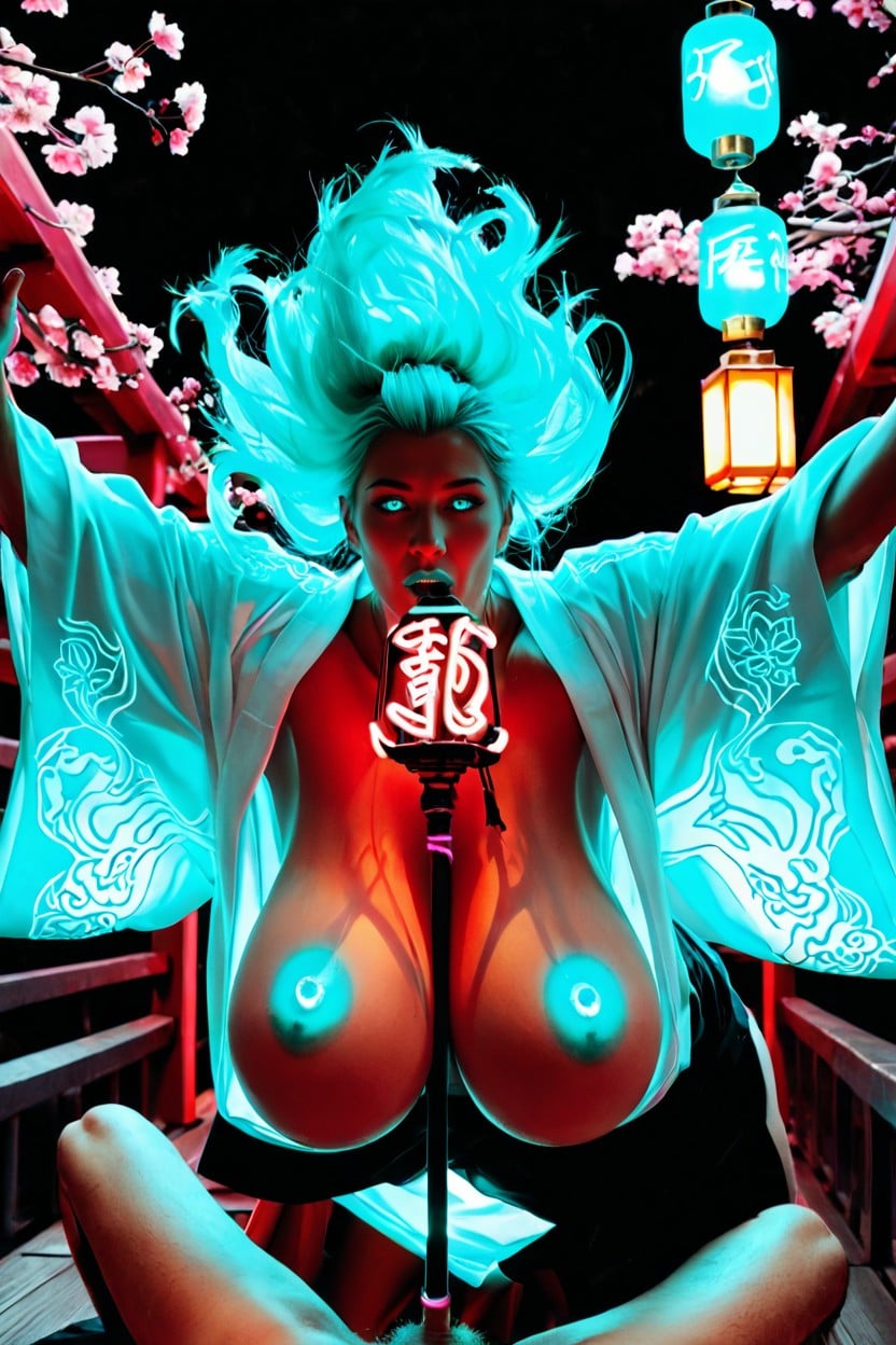 White Kimono With Neon Aqua Light Lines, Neon Aqua Lips, Holding Staff With Glowing Aqua Lantern In Left Hand AI Porn