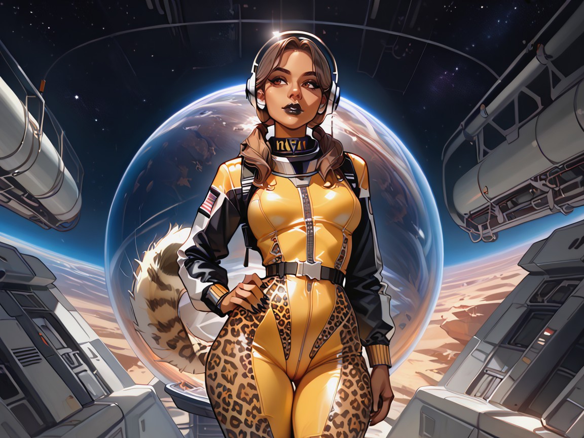 Vibrant Saturated Colors, Space Suit, Wearing Black Leopard Print Space Clothes AI Porn