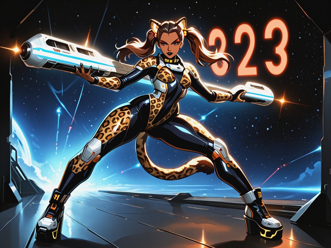 Snatched Waist, Slicked Brunette Twin Tails, Leopard Print Space Suit Hentai AI Porn