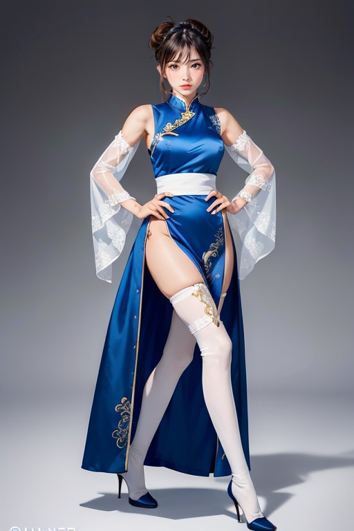 Mandarin Collar With Gold Trim, High Kick Dynamic Pose, Royal Blue Qipao Style Dress AI國產黃片