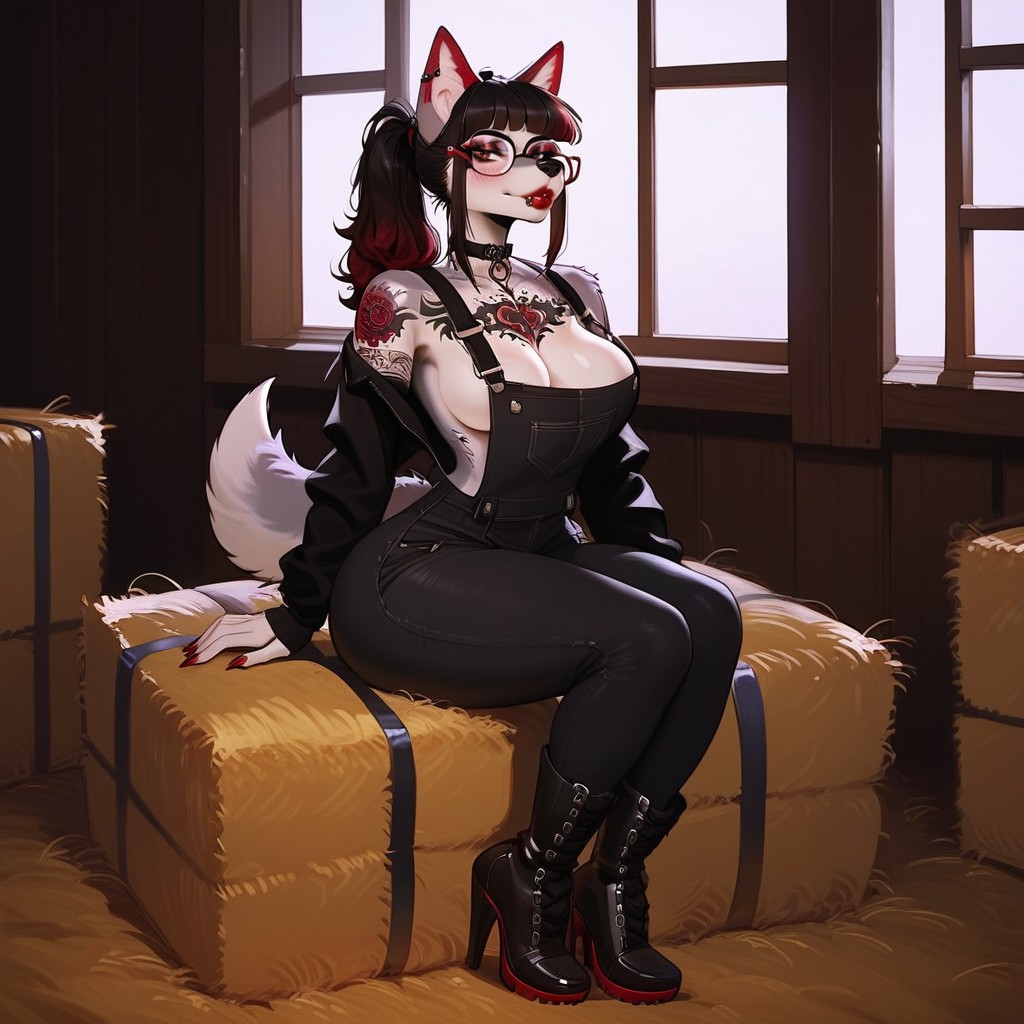 Beautyful Wolf Face, Black Choker Collar, Sitting On A Bale Of Hay Furry AI Porn