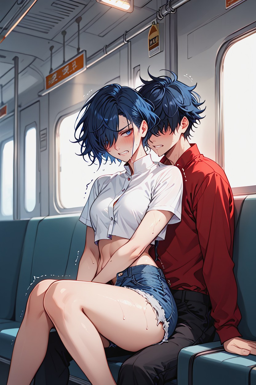 Front View, Clean Hairline, Denim Shorts With Snapped Button Hentai AI Porn
