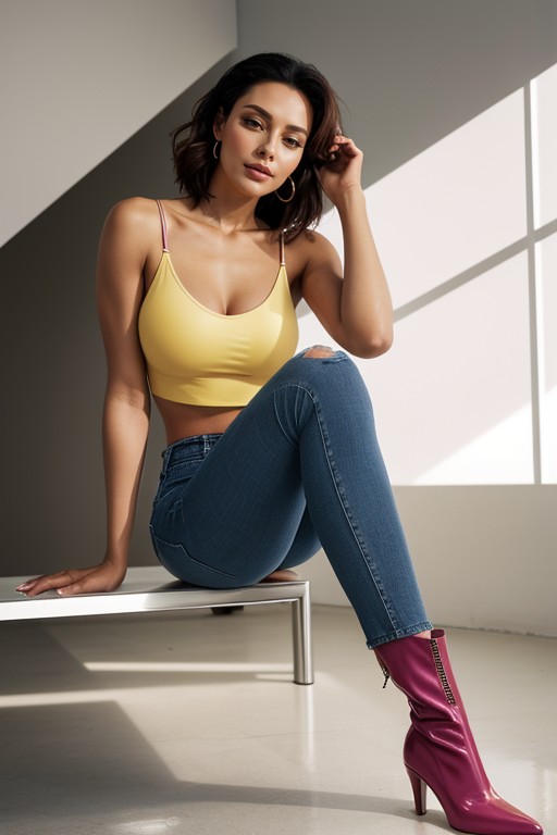 25+, Yellow Pigment Saturating Cotton Folds, Fingers Relaxed She Wears Blue Denim Jeans AI Porn
