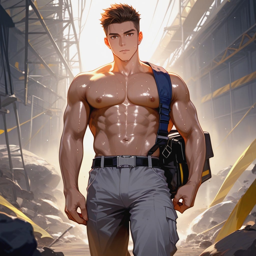 Scaffolding, Intense Focused Expression Shirtless, Deep Brown Eyes Not Emerald Porno IA Gay