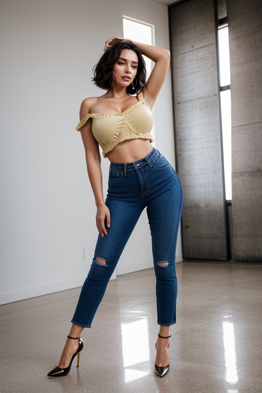 Clavicle, Shadow Depth, Material Physics Locking Realism Cropped Canary Yellow Cotton Shirt AI Porn