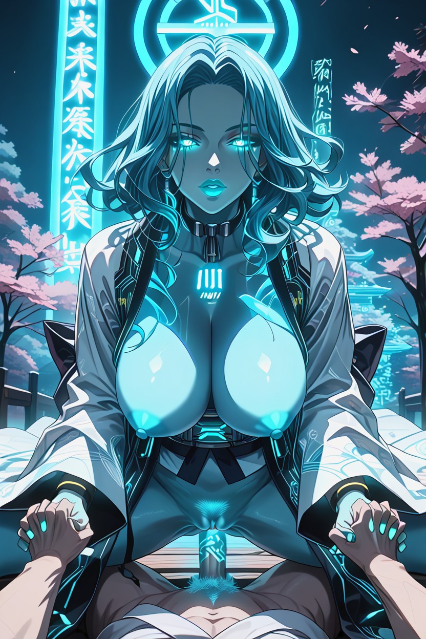 Glowing Eyes, Massive Breasts, Floating In The Air With Neon Aqua Energy Swirling Around Body AI Porn