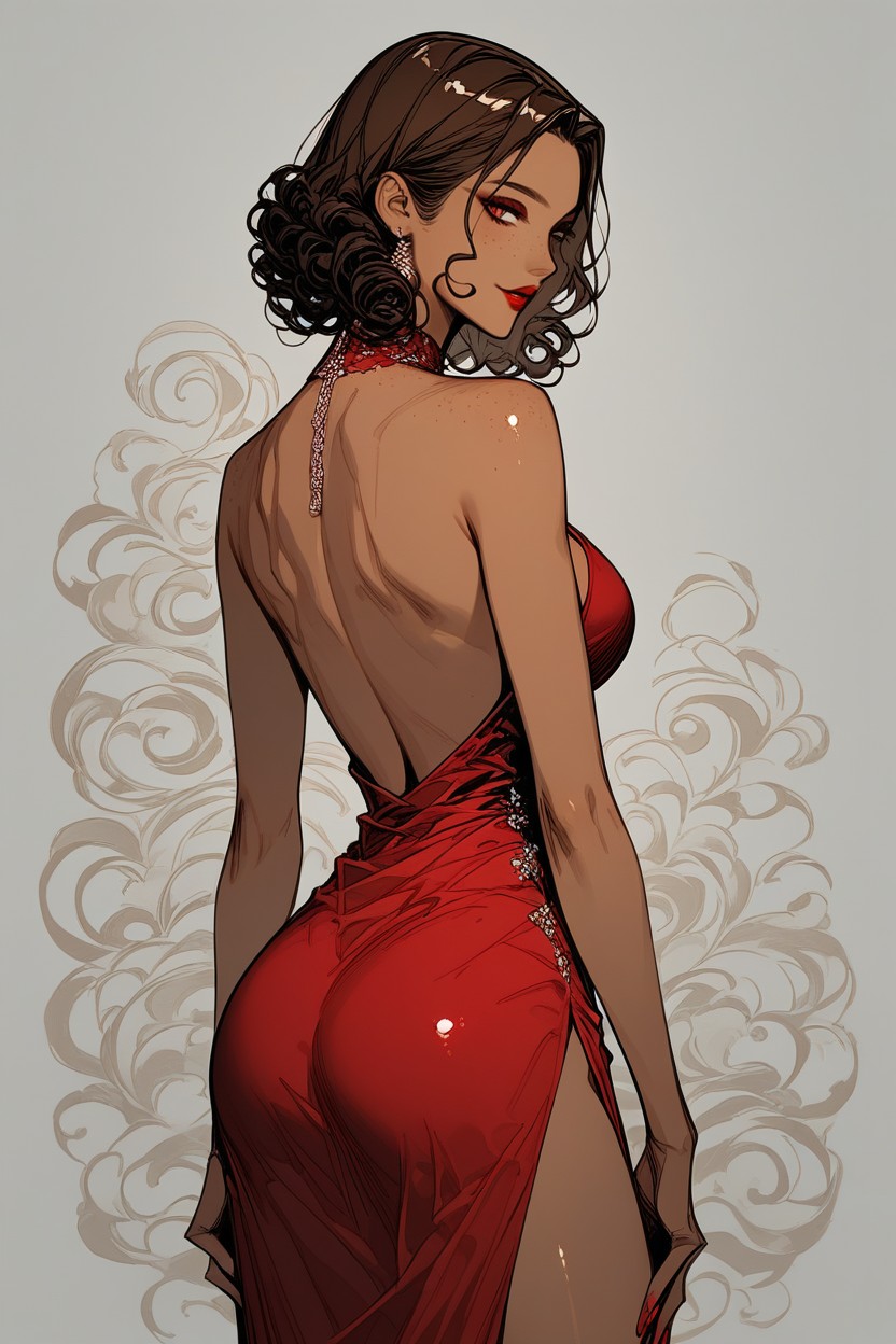 Freckles, Posing, Crimson Red Lipstick Hentai AI Porn
