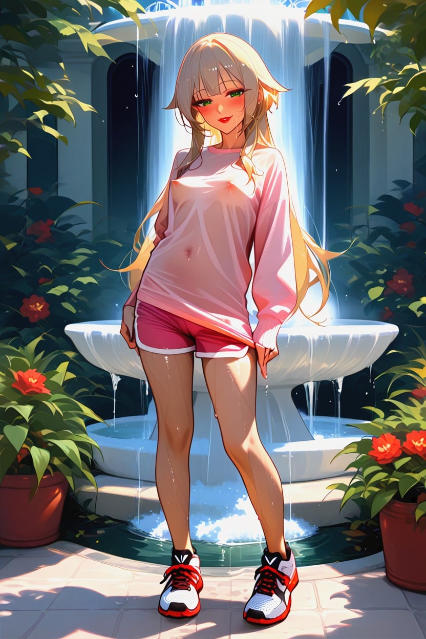 Wet Pink Shorts, Tan Skin, Lean Body Hentai AI Porn