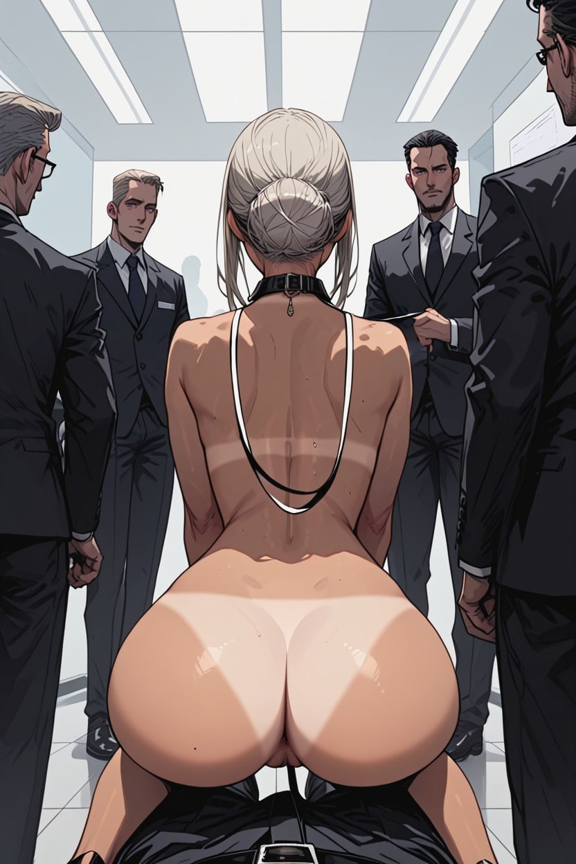 Platinum Blonde, Full Body View, Crowd Of Men In Business Suits In The Background AI Porn