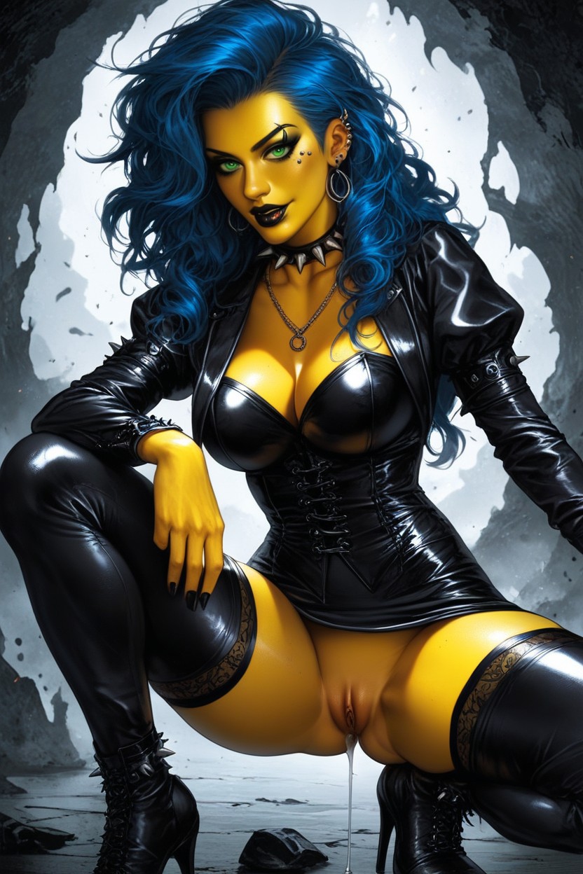 And Black Lipstic She Is Posed Dynamically, Squatting, Bukakke Hentai AI Porn