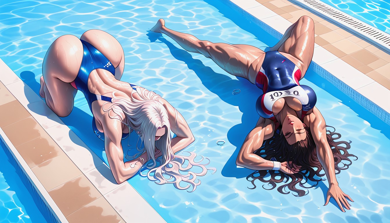 Bubble Butts, Olympic Pool Stadium, Women Touching Each Others Bodies AI Porn